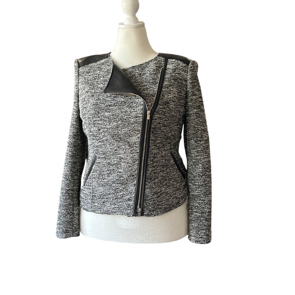 Calvin Klein Moto Black/White Fitted Faux Leather Jacket Women's Size L Career